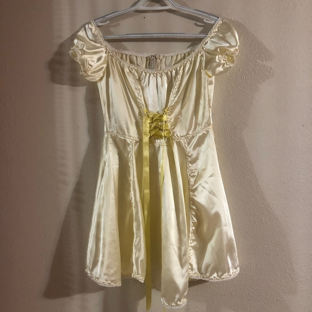 pastel yellow satin mini dress